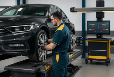 Equipamento de alinhamento de rodas em operação.