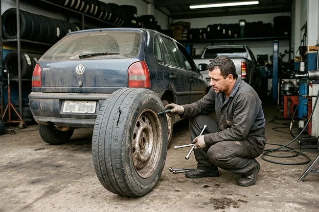 Pneu danificado em um carro, com sinais visíveis de desgaste.