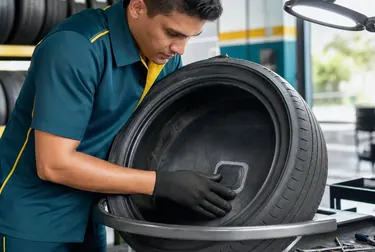 Profissional consertando um pneu em uma borracharia.