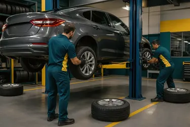 Profissional fazendo rodízio de pneus em um carro.