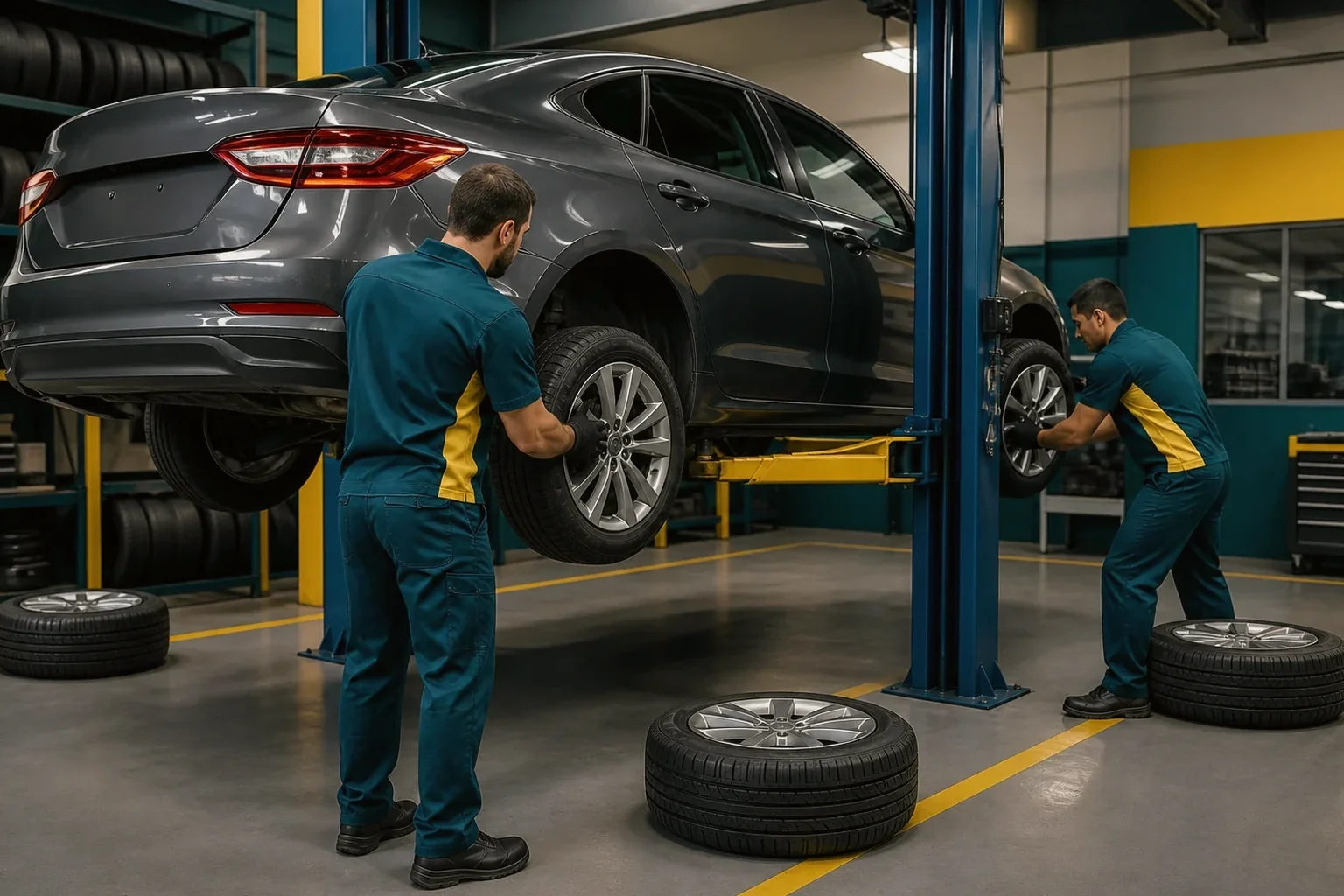 Profissional fazendo rodízio de pneus em um carro.