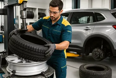 Profissional trocando pneu de carro em uma borracharia.