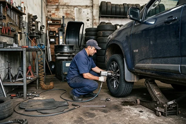 Profissional trocando pneus de um carro na borracharia.